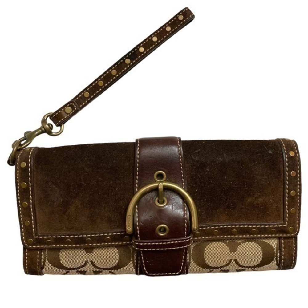 Coach brown signature and suede soho wristlet clutch wallet